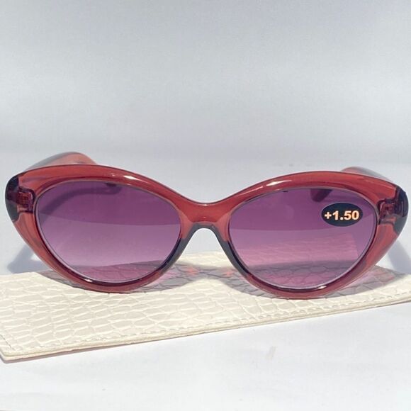 0833 Reading Sunglasses 1.50 Clear Cranberry Sweetheart Frames Purple Lenses NWT